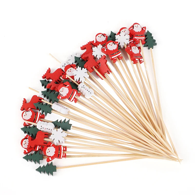 100Pcs Christmas Bamboo Food Skewers & Cupcake Toppers Holiday Party Picks Babs