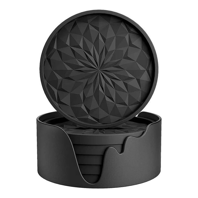 6-Pack Silicone Coasters with Holder – Non-Slip Diamond Pattern Silicone Coaster Set Babs Black - 6pcs about 10x10cm Round