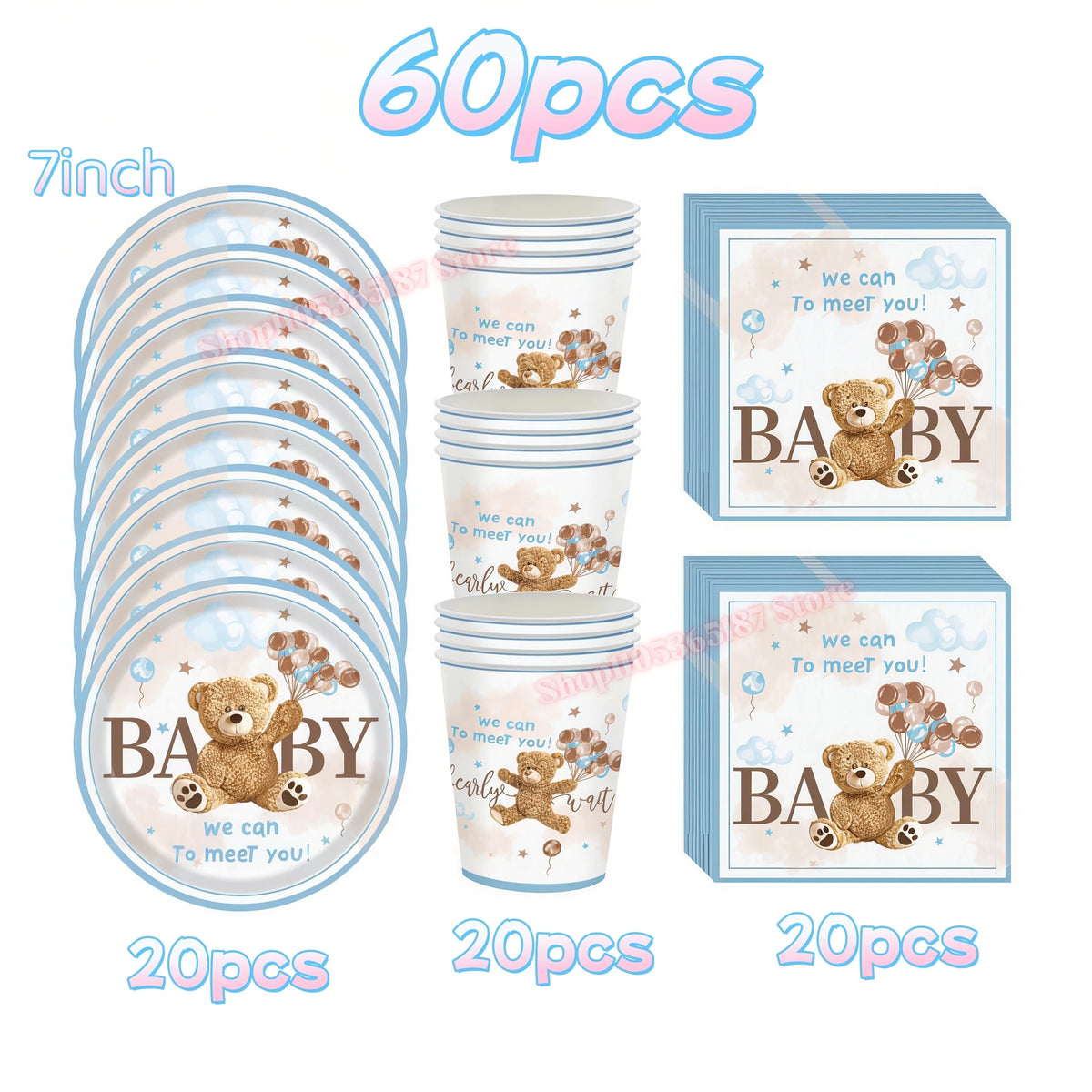 Bear Birthday Party Decoration Set – Plates, Napkins & Banner Party Decoration Set Babs 60pcs others