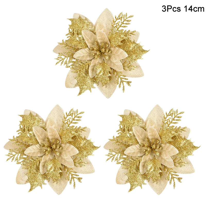 3pcs Glitter Artificial Christmas Flowers Berry Xmas Tree Decor Christmas Tree Ornament Babs Gold