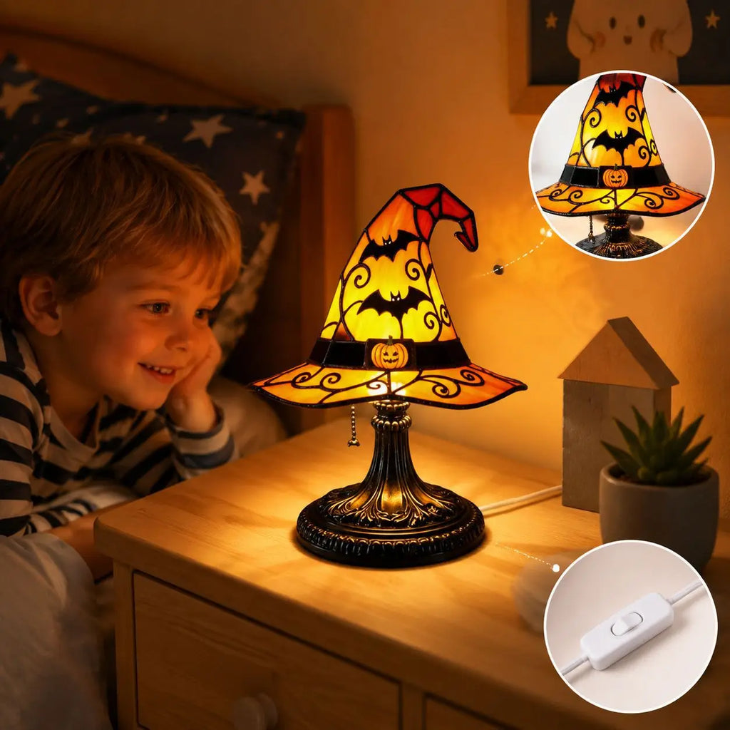 Stained Glass Witch Hat USB Night Light | Halloween Table Lamp Decorative Table Lamp Babs