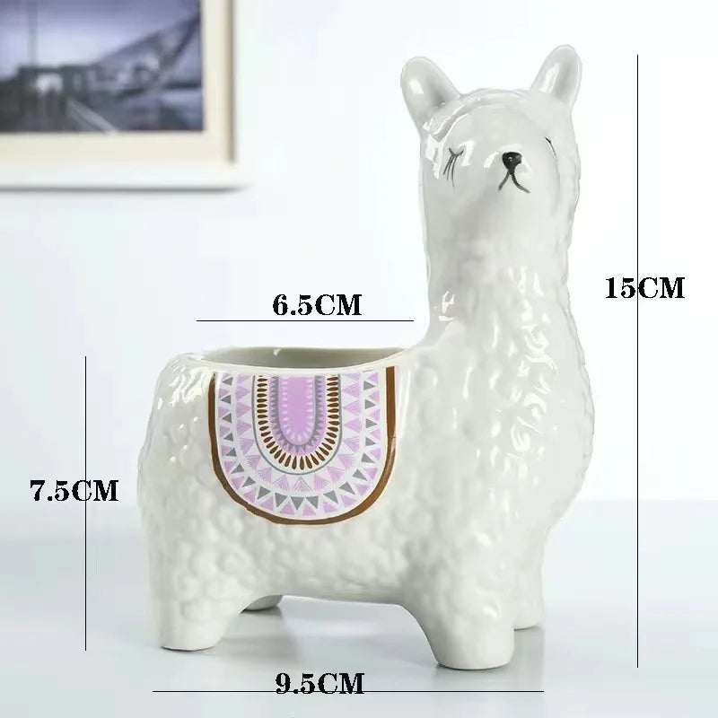 Cartoon Alpaca Ceramic Succulent Planter | Cute Desk Pot Ceramic Succulent Planter Babs White B