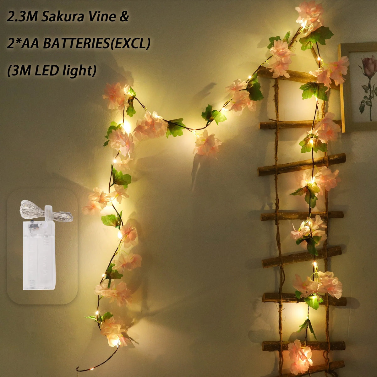 Cherry Blossom Vine LED Garland – Sakura Wedding Arch Decor Artificial Flower Garland Babs Light Pink 2 1PC