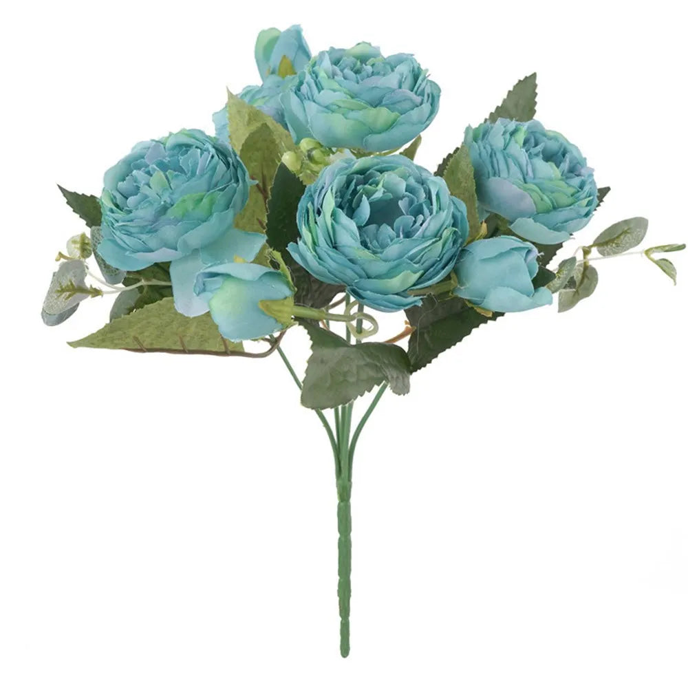 Silk Peony Artificial Flower Bouquet – Roses & Gypsophila, 12 Colors Artificial Flower Bouquet Babs Blue 1pc