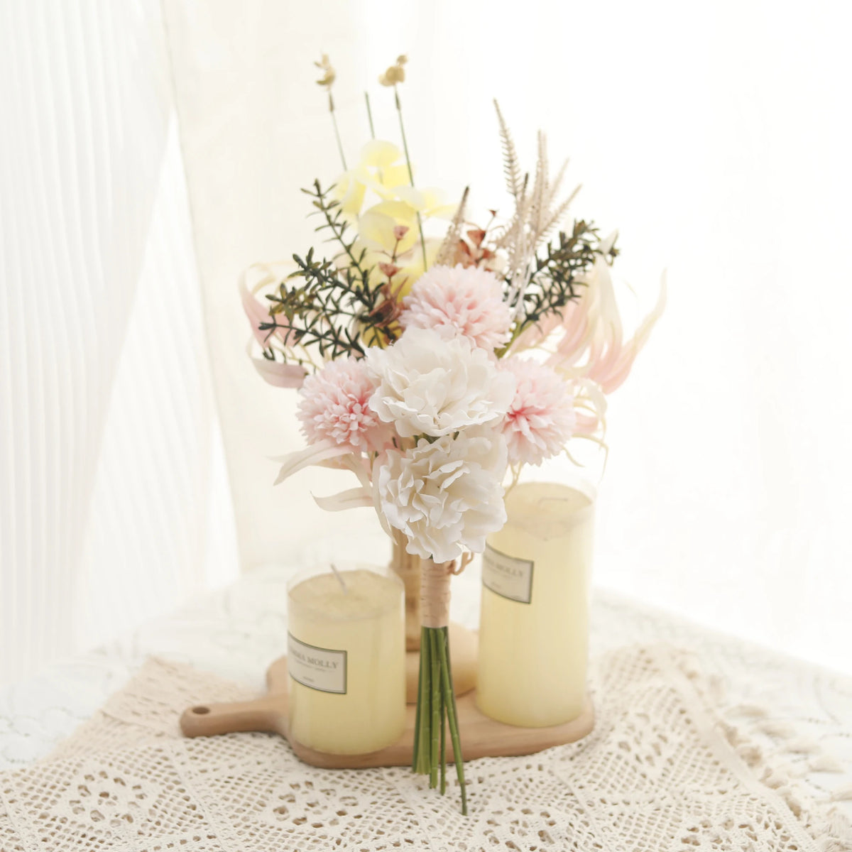 Autumn Silk Bouquet – Rose, Peony, Maple & Dandelion Faux Flowers Artificial Flower Bouquet Babs Champagne