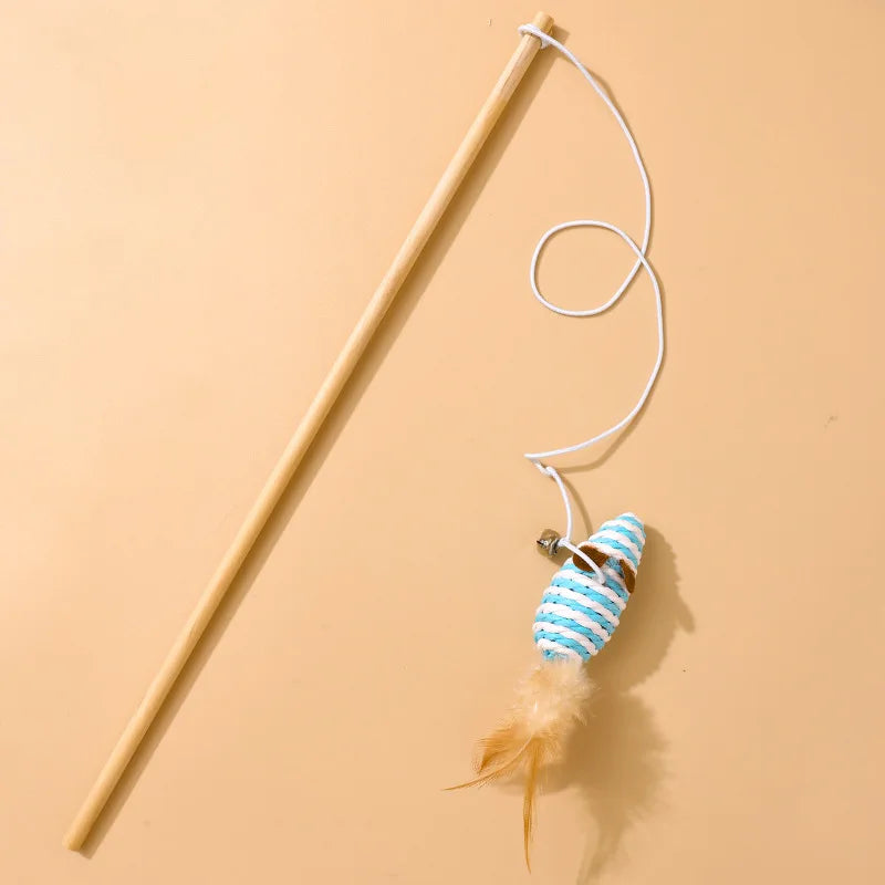 Wooden Cat Teaser Wand with Bell, Feather & Linen Kitten Toy Cat Teaser Wand Babs 1Pc 1