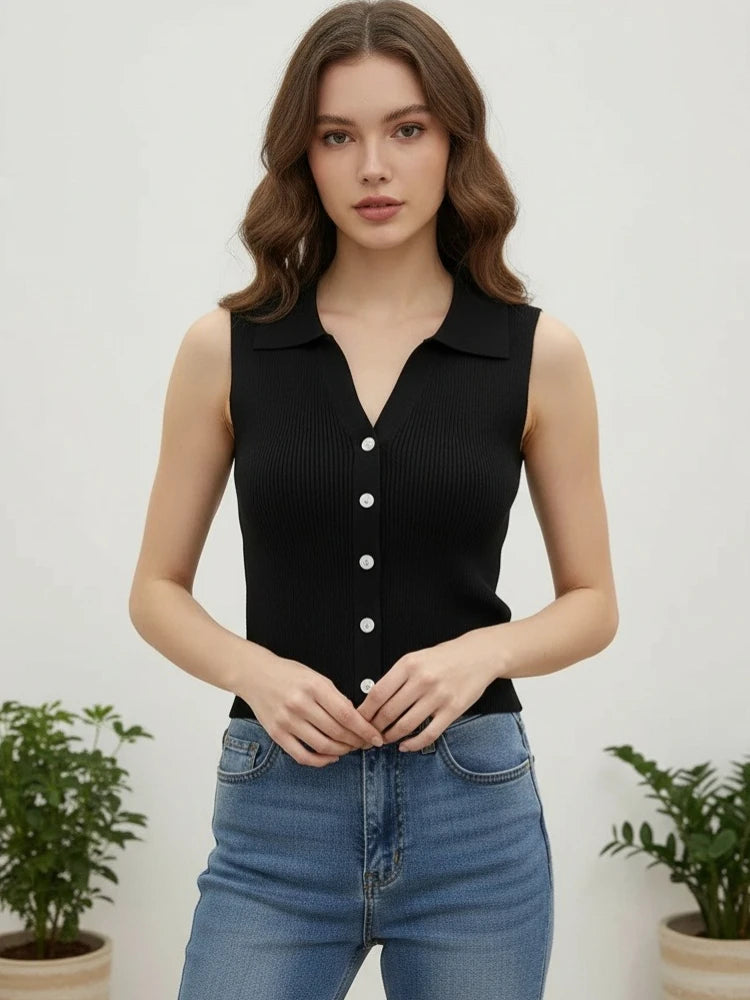 Women's Solid Knit Sleeveless Cardigan – Korean Style Jumper Knit Cardigan Babs Black One Size