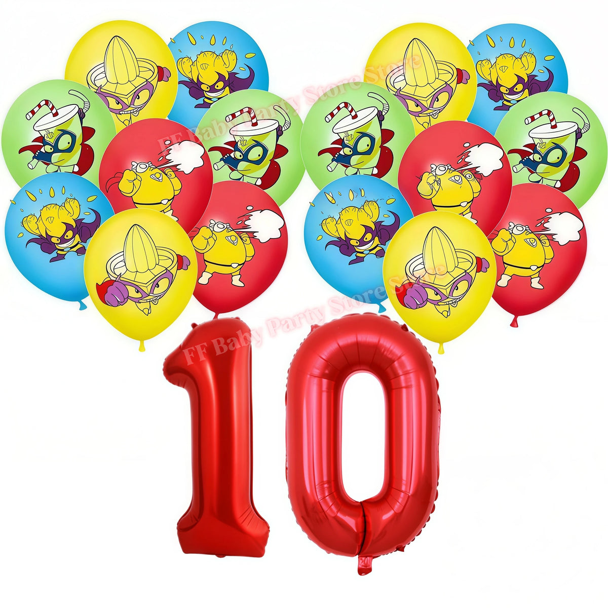 Superthings Party Balloons, Cake Toppers & Backdrop Set – 6pcs Party Decoration Set Babs 17pcs balloons-10 others