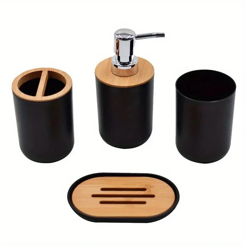 4-Piece Bamboo Bathroom Accessories Set – Dispenser, Soap Box & More Bathroom Accessory Set Babs black