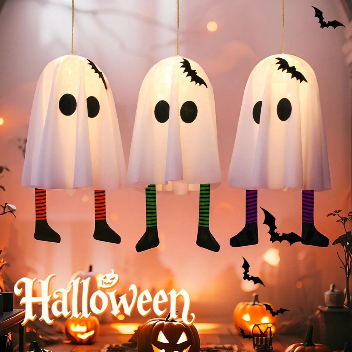 Halloween Glowing Ghost Hanging Decoration with Fairy Lights 50cm Halloween Decoration Babs