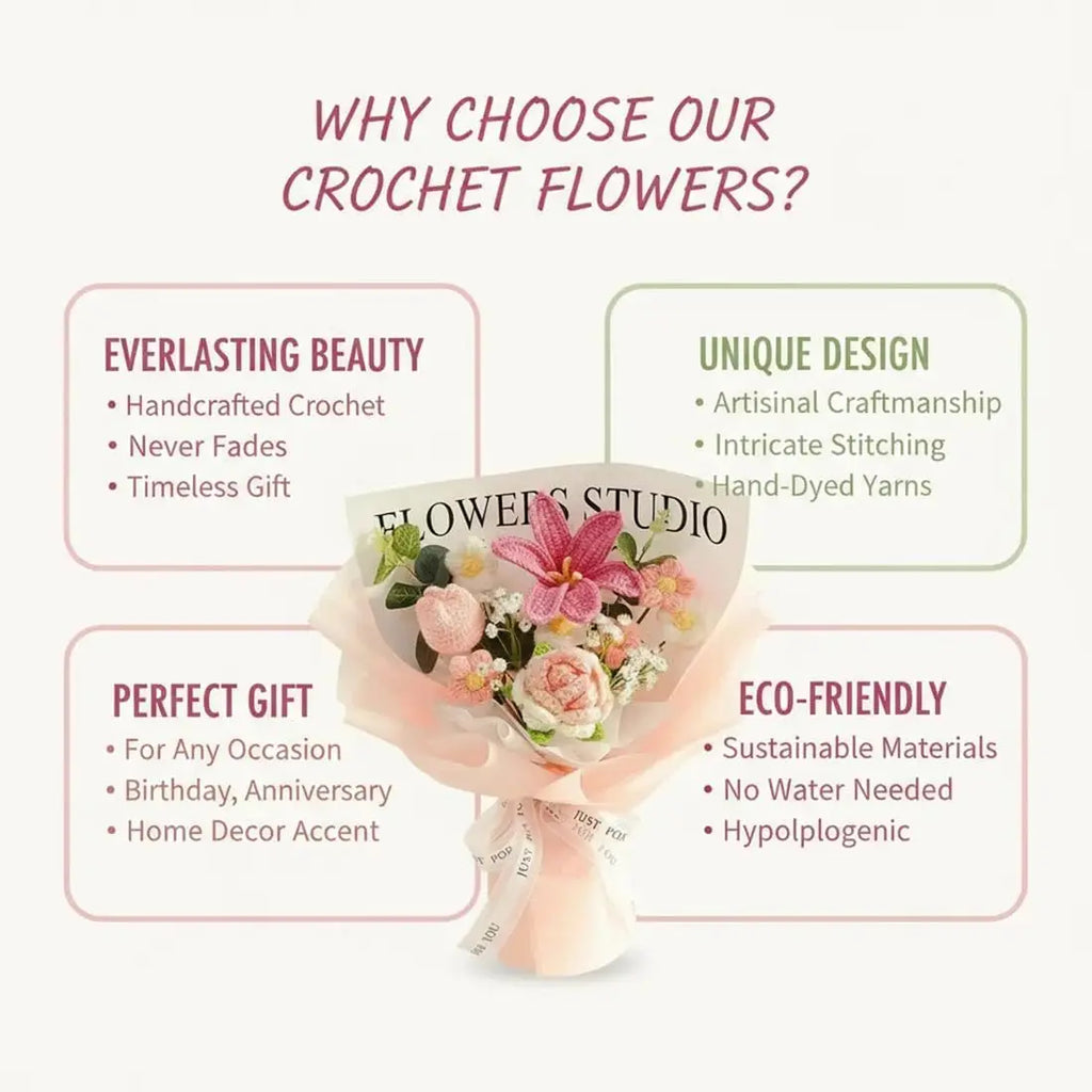 Hand Knitted Crochet Rose Bouquet – Everlasting Artificial Flowers Crochet Flower Bouquet Babs