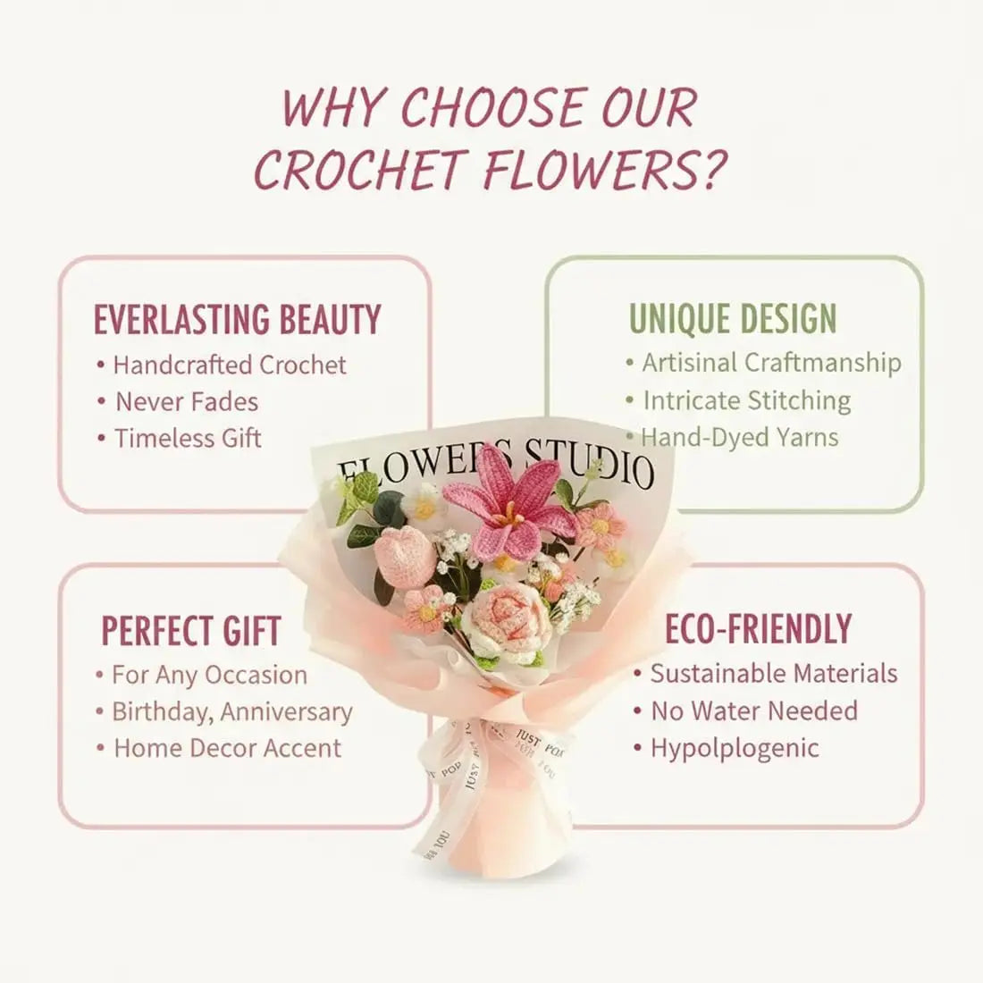 Hand Knitted Crochet Rose Bouquet – Everlasting Artificial Flowers Crochet Flower Bouquet Babs
