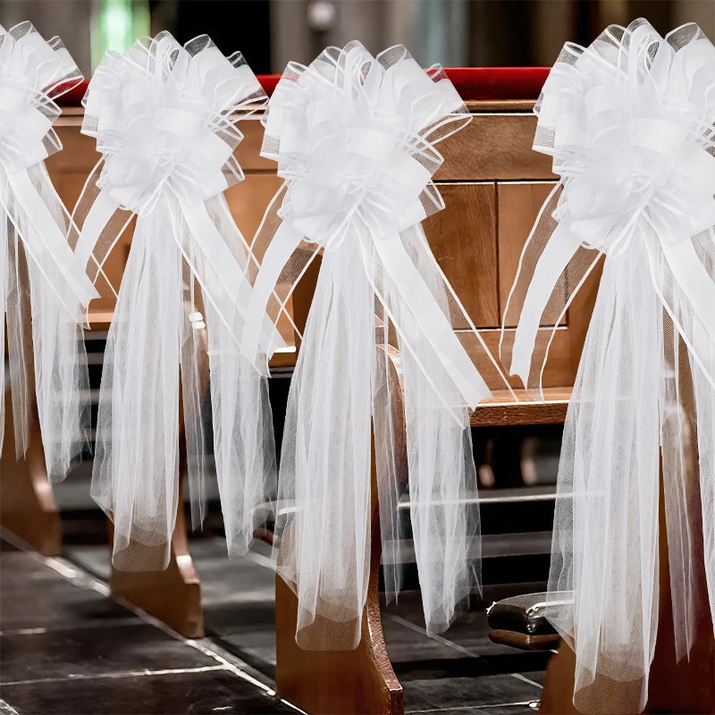 Large White Wedding Bows with Tulle Tails | Church Chair Car Décor Wedding Bow Decoration Babs