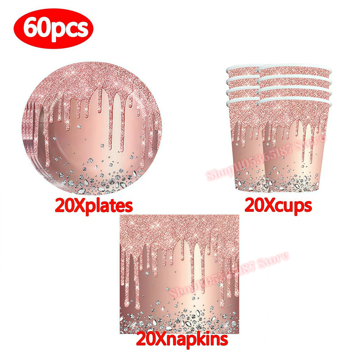Rose Gold Dark Blue Party Tableware – Cups, Plates & Napkins Set Party Tableware Set Babs 60pcs others