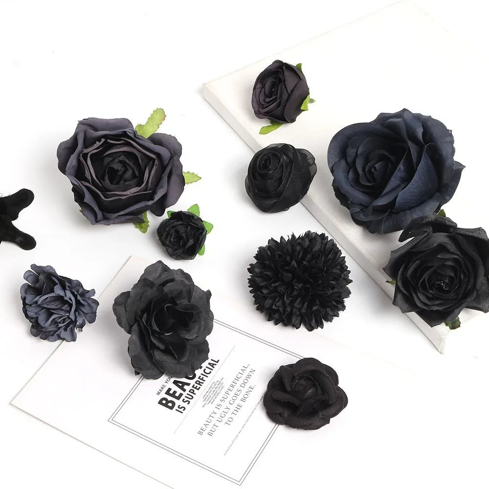 10Pcs Black Silk Artificial Rose Heads – DIY Wedding Decor Artificial Flower Heads Babs