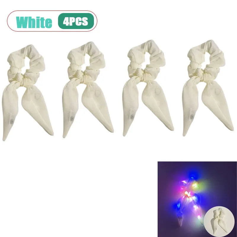 LED Light-Up Bow Scrunchie Glowing Hair Tie | Party Festival LED Hair Accessory Babs White-4pcs