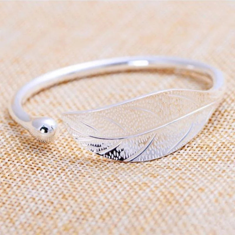Women's Silver Leaf Cuff Bangle | Open Plant Bracelet Cuff Bangle Bracelet Babs