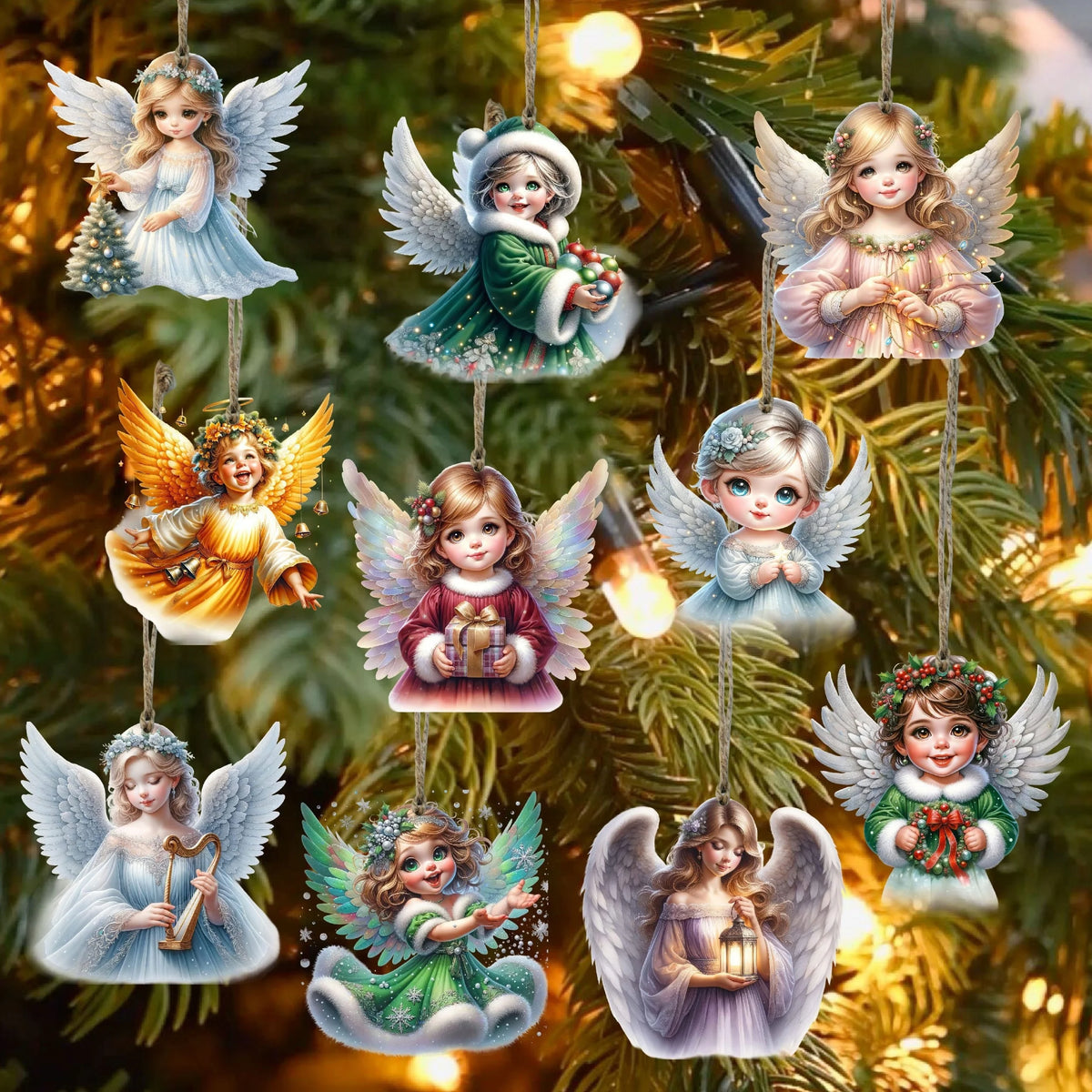 10PCS Handmade Wooden Christmas Angel Ornaments with Rope Christmas Tree Ornament Babs MULTI