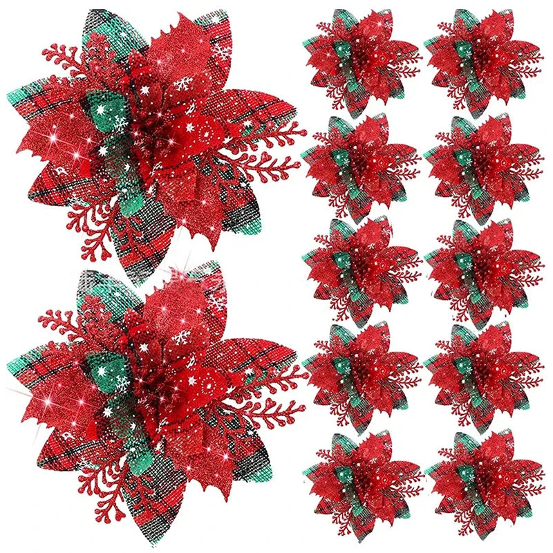 Glitter Pink Artificial Christmas Flower Ornaments 14cm 5/10 Pcs Christmas Ornaments Babs