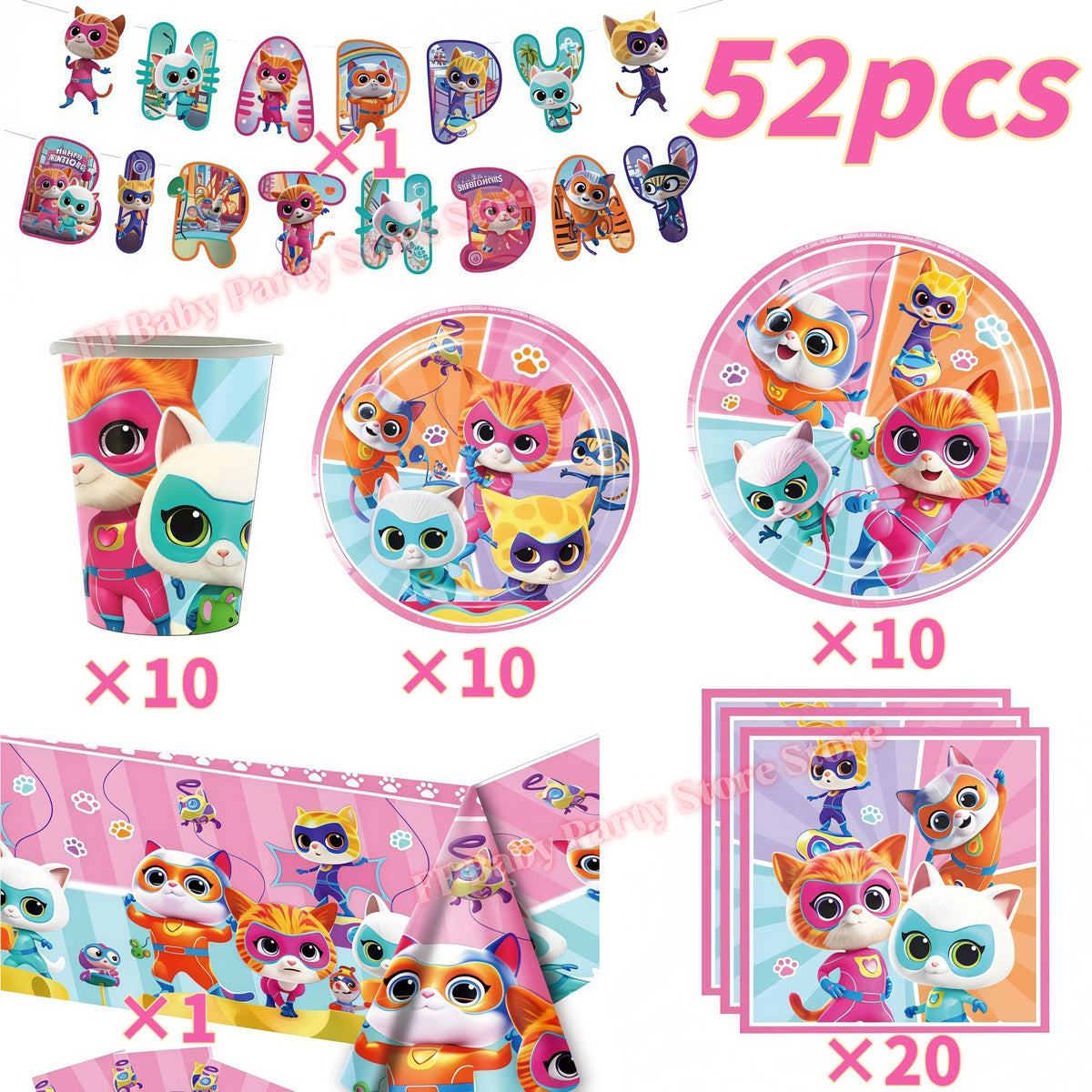 Cat Kitty Birthday Party Supplies – Plates, Cups & Balloons Set Party Supply Kit Babs 52pcs