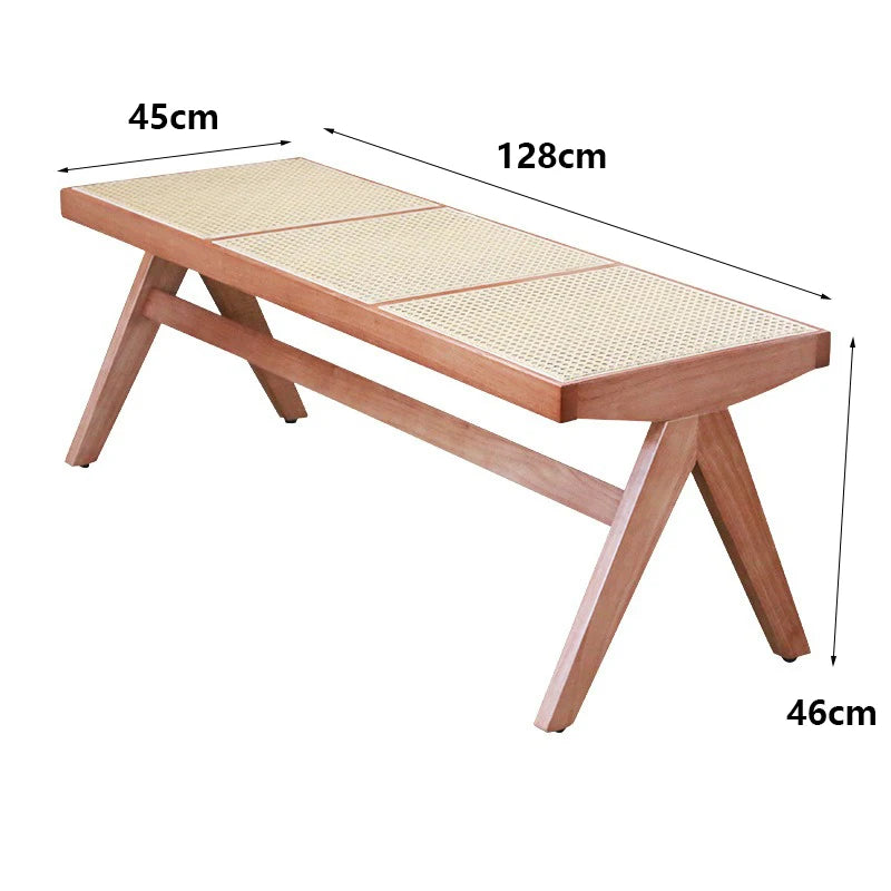Vintage Solid Wood Woven Bench Ottoman | Modern Living Room Wooden Bench Ottoman Babs Cherry wood color