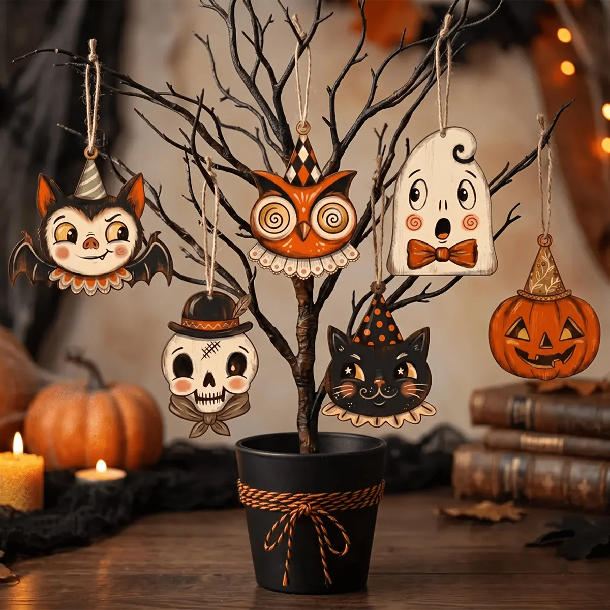Vintage Wooden Halloween Hanging Ornaments – Ghost & Vampire Halloween Wall Ornament Babs