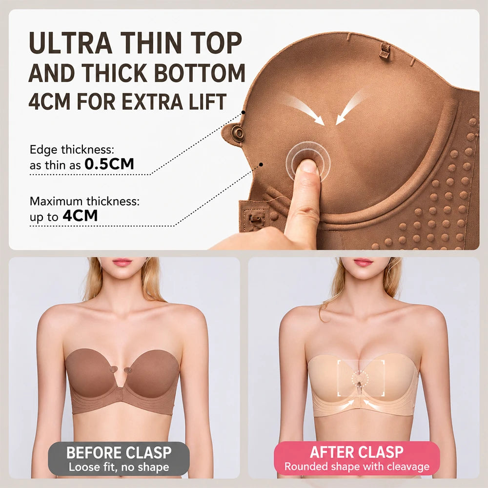Strapless Front Closure Push Up Bra – Seamless Wire-Free Push Up Bra Babs