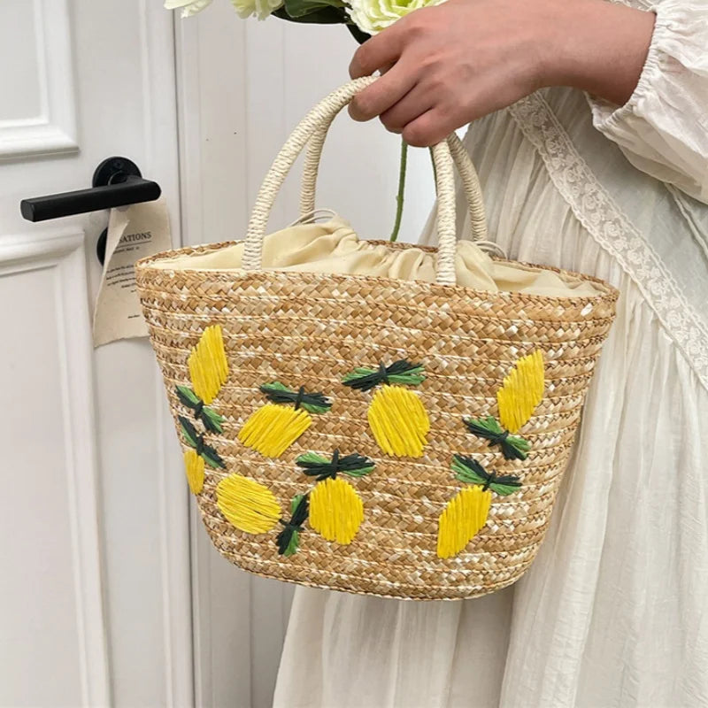 Bohemian Handwoven Straw Tote – Embroidery Beach Shoulder Bag Woven Straw Tote Bag Babs Lemon