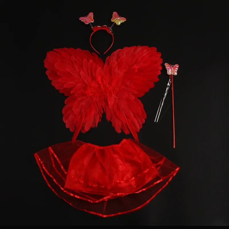Girls Fairy Butterfly Feather Wings Costume Set with Skirt & Wand Kids Fairy Costume Set Babs red