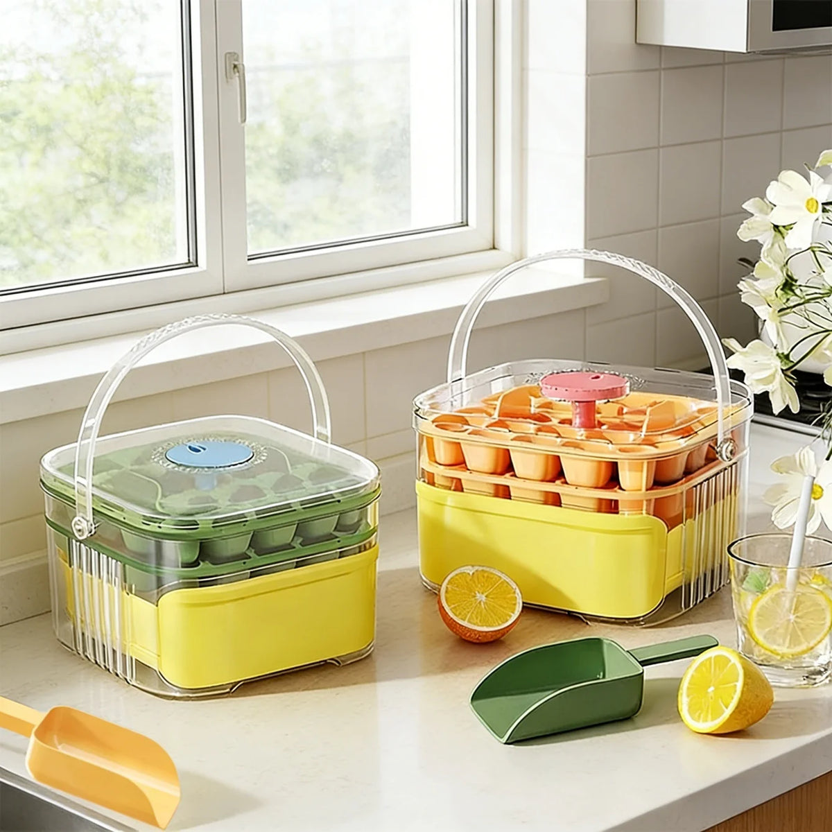 Double Layer Ice Cube Tray with Lid, Bin & One-Click Release Ice Cube Tray Babs