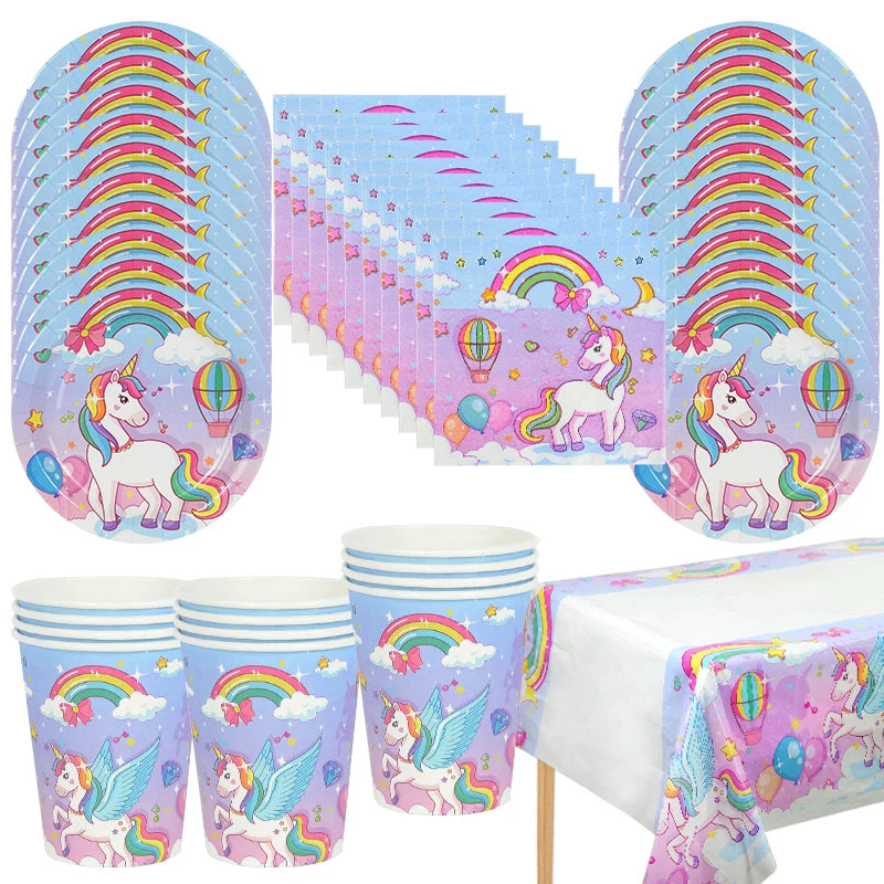 61-Piece Rainbow Unicorn Party Tableware Set – Plates & Cups Disposable Party Tableware Babs