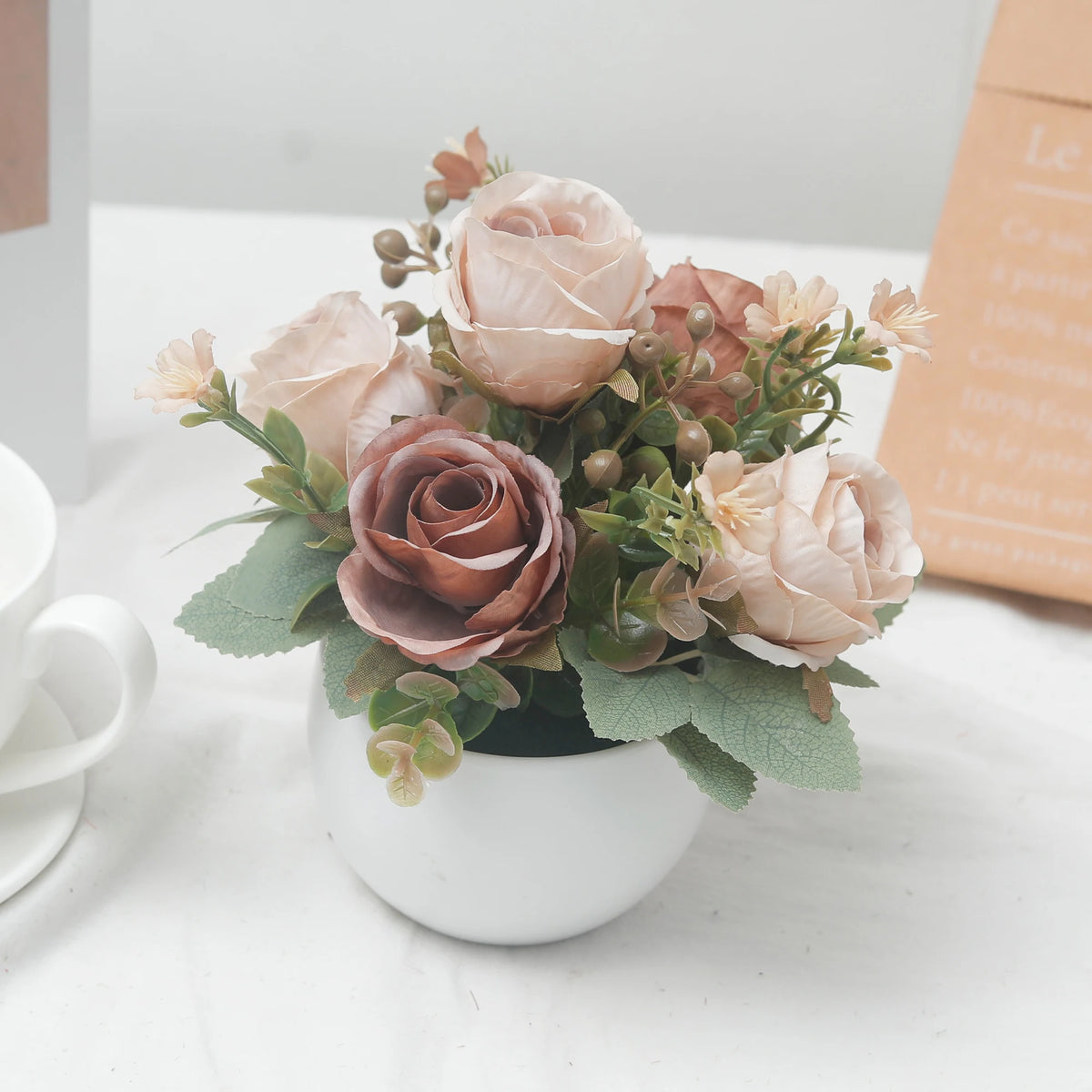 Silk Rose Artificial Flower Bonsai with Vase – Wedding & Home Décor Artificial Flower Bonsai Babs Coffee