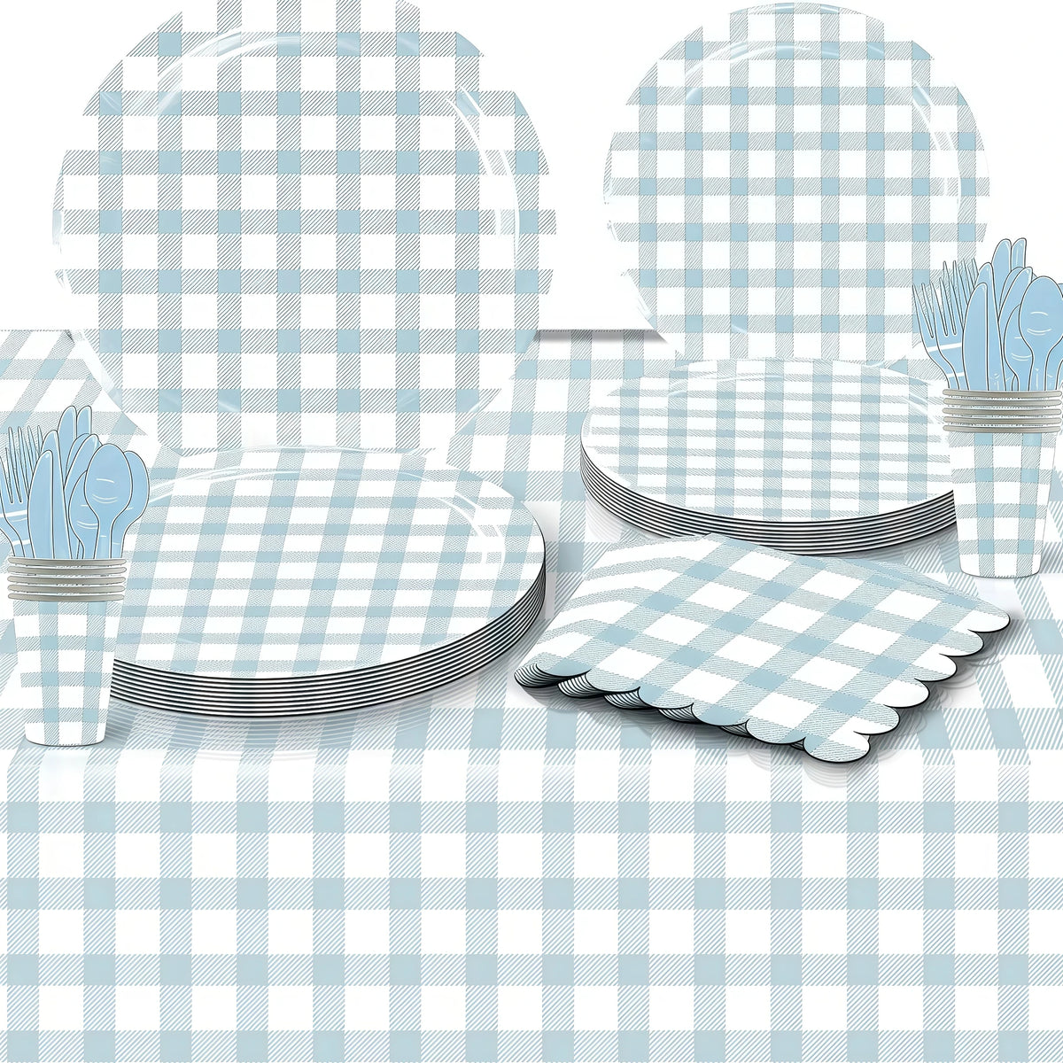 Blue Grid Birthday Party Supplies – Plates, Cups & Napkins Set Party Tableware Set Babs