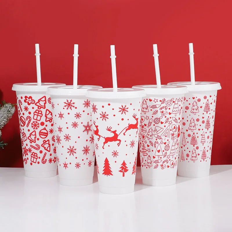 5-Pack 24oz Christmas Plastic Cups with Lids & Straws – Reusable Holiday Drinkware Set Babs