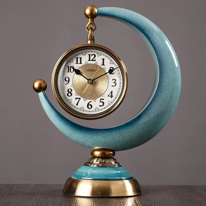 Luxury Retro Moon Desk Clock | Silent Quartz, Hourly Chime Decorative Desk Clock Babs