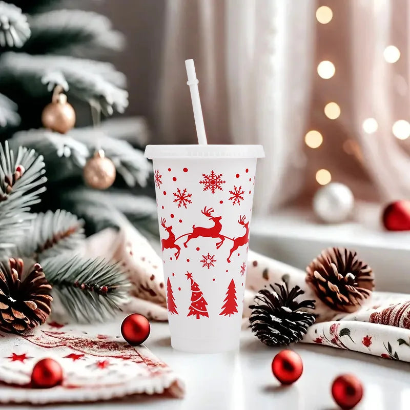 5-Pack 24oz Christmas Plastic Cups with Lids & Straws – Reusable Holiday Drinkware Set Babs