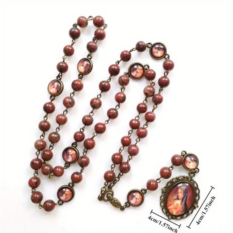 Seven Sorrows Rosary Necklace – Wine Red Stone Prayer Chaplet Rosary Necklace Babs