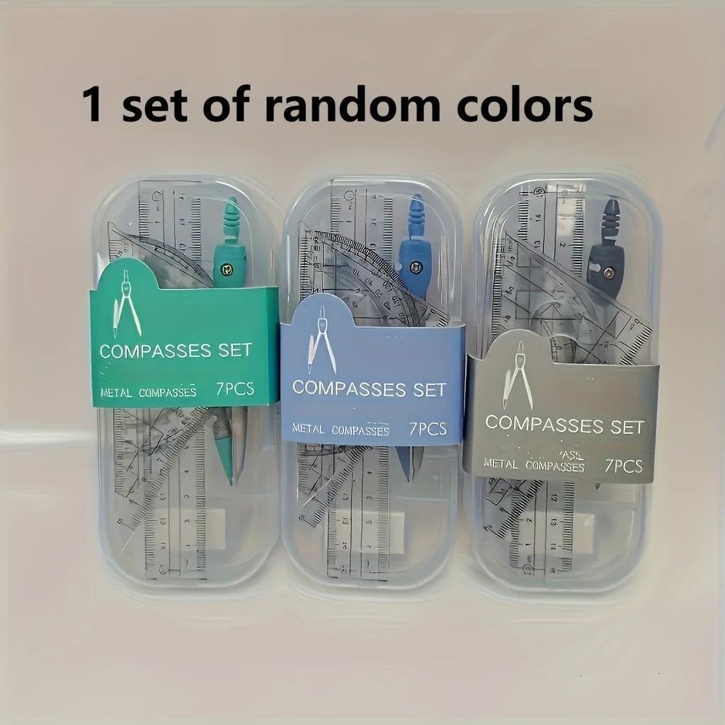 7-Piece Metal Compass Set – Exam Grade with Pencils & Ruler Geometry Drawing Set Babs 1PC Random Color