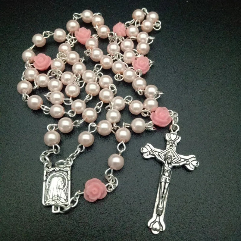 Polymer Clay Bead Rosary Cross Necklace | Catholic Gift Religious Pendant Necklace Babs Pink