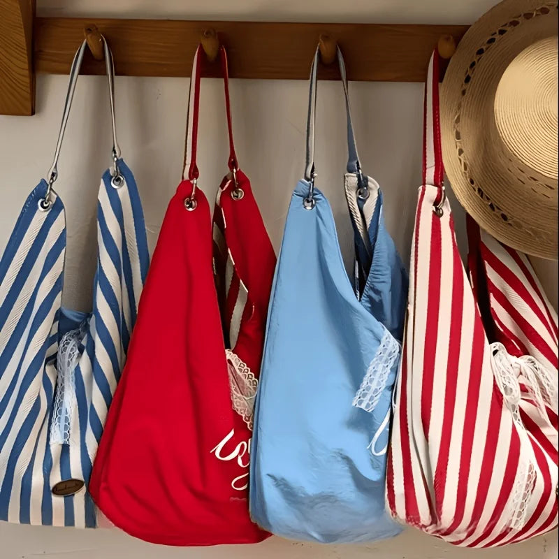 Double-Sided Women's Tote Bag – Striped Lace Bow Shoulder Bag Women's Tote Bag Babs