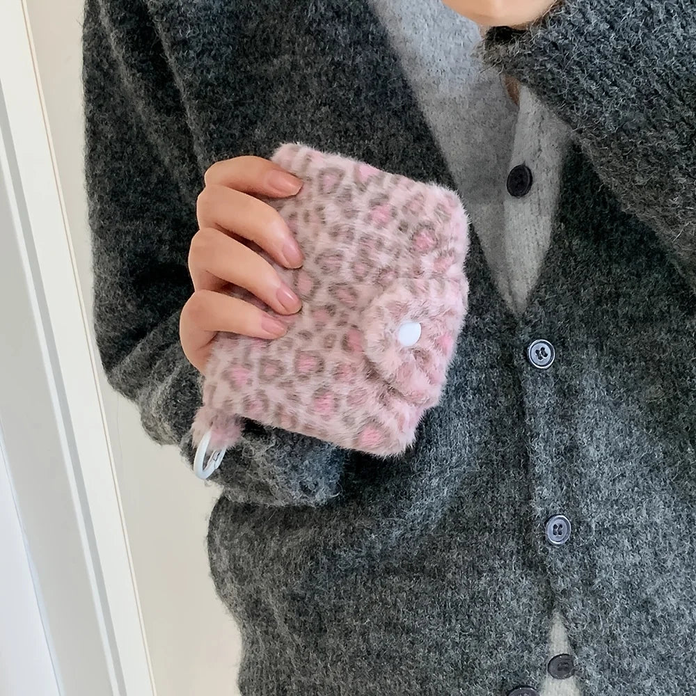 Plush Leopard Snap Card Bag – Mini Coin Wallet & Pouch Mini Snap Card Wallet Babs