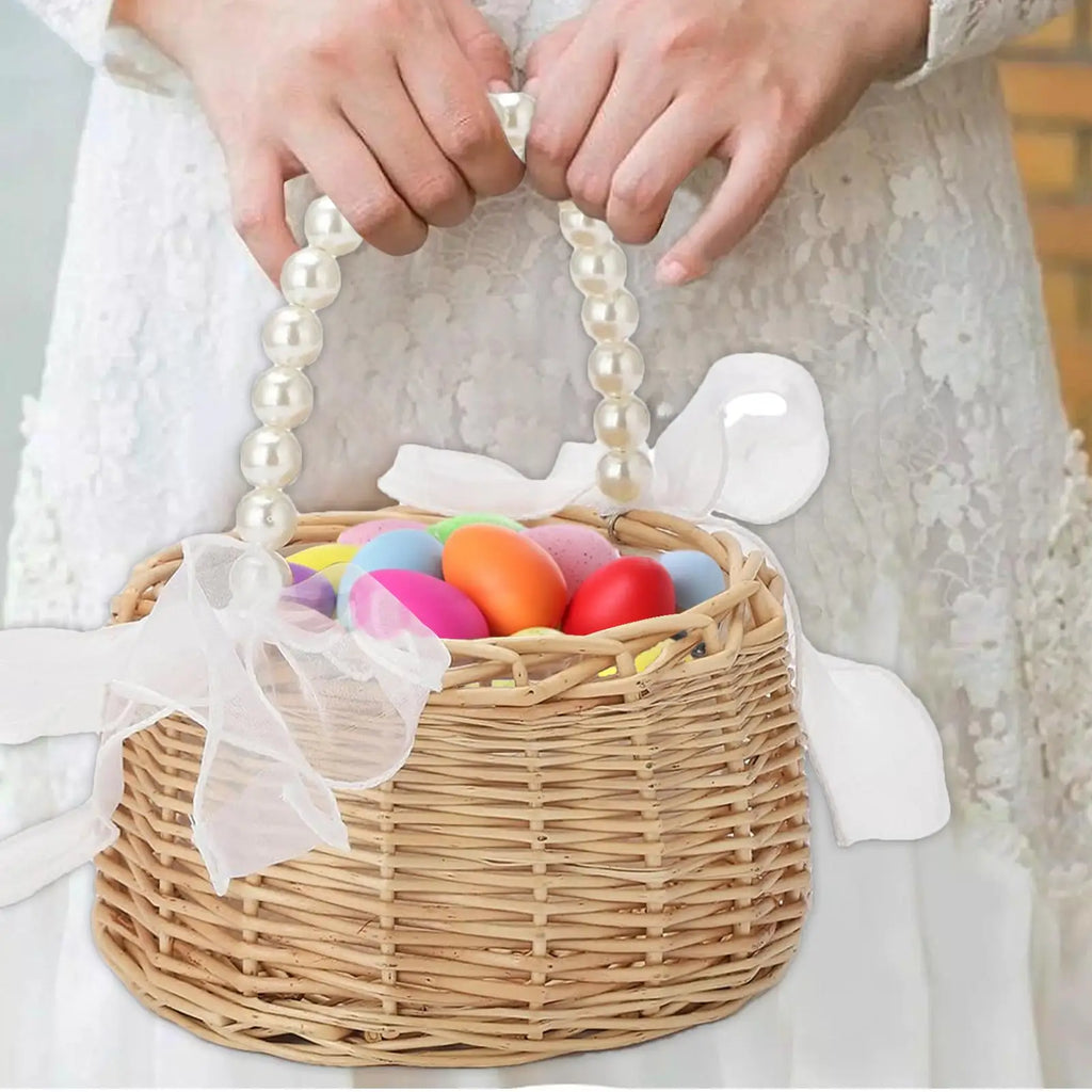 Wicker Rattan Flower Girl Basket | Pearl Handle & Bow Wicker Gift Basket Babs