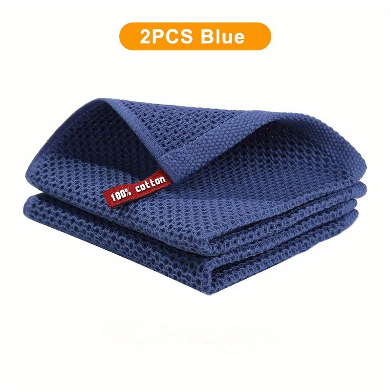 2-Pack Waffle Honeycomb Cotton Face & Kitchen Towels Waffle Face Towel Set Babs Blue-2PCS
