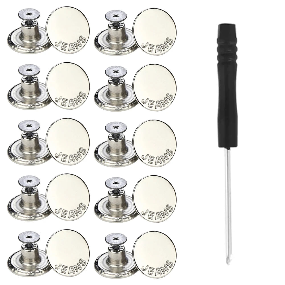 10PCS Metal Jeans Buttons 17mm No-Sew Screw Replacement Kit Jeans Button Repair Kit Babs F