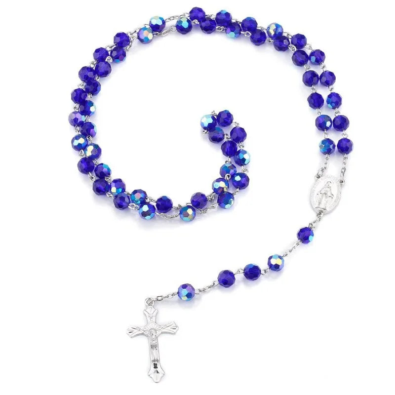 Dark Blue Glass Crystal Catholic Rosary Necklace | 70cm Rosary Necklace Babs