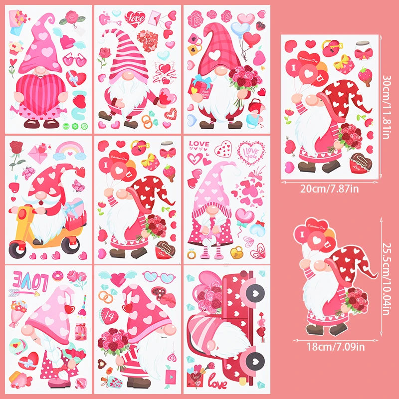 9-Sheet Valentine's Gnome & Heart Window Stickers Decals Window Stickers Babs 9sheets
