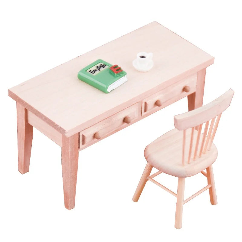 1:12 Dollhouse Miniature Wooden Desk & Chair Set | Book Table Dollhouse Miniature Furniture Babs 1set