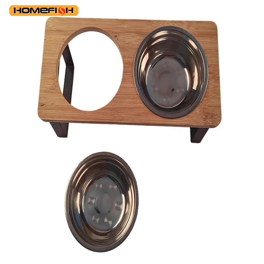 Elevated Cat Bowl 15° Tilt – Wooden Base & 2 Stainless Steel Bowls Raised Cat Feeder Babs