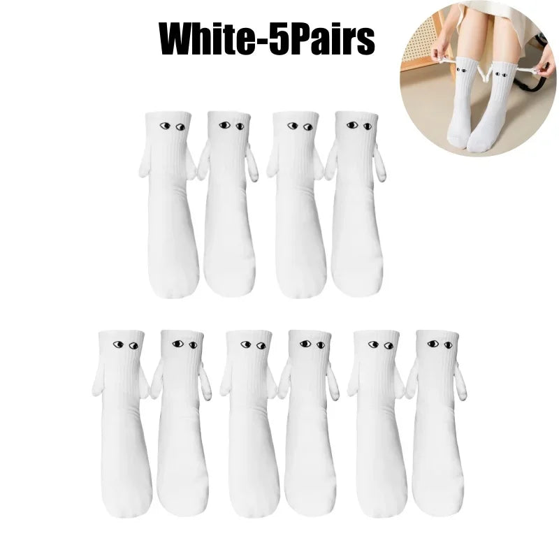 Magnetic Couple Socks | 3D Doll Eyes Hand-in-Hand Design Novelty Couple Socks Babs White-5Pairs One Size