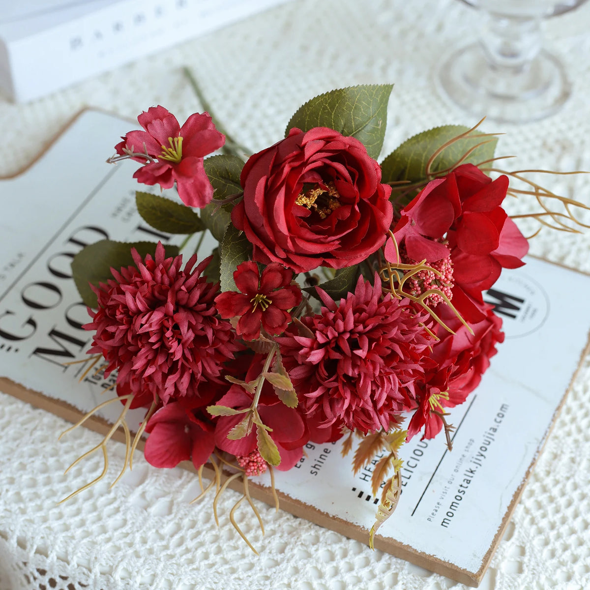 Artificial Silk Rose & Peony Bouquet – Wedding & Home Decor Artificial Flower Bouquet Babs Red 2 pcs